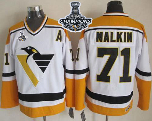 Penguins #71 Evgeni Malkin White/Yellow CCM Throwback Stanley Cup Finals Champions Stitched NHL Jersey - Click Image to Close